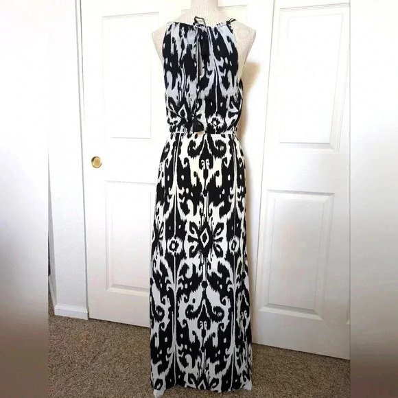 Athleta Black Off White Ikat Bloom Sleeveless Halter Tassel Tie Hi Lo Maxi Dress - Picture 6 of 10